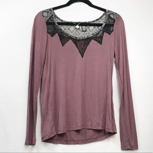 BKE Boutique Womens Long Sleeve Top Size XS Sheer‎ Lace Neck
